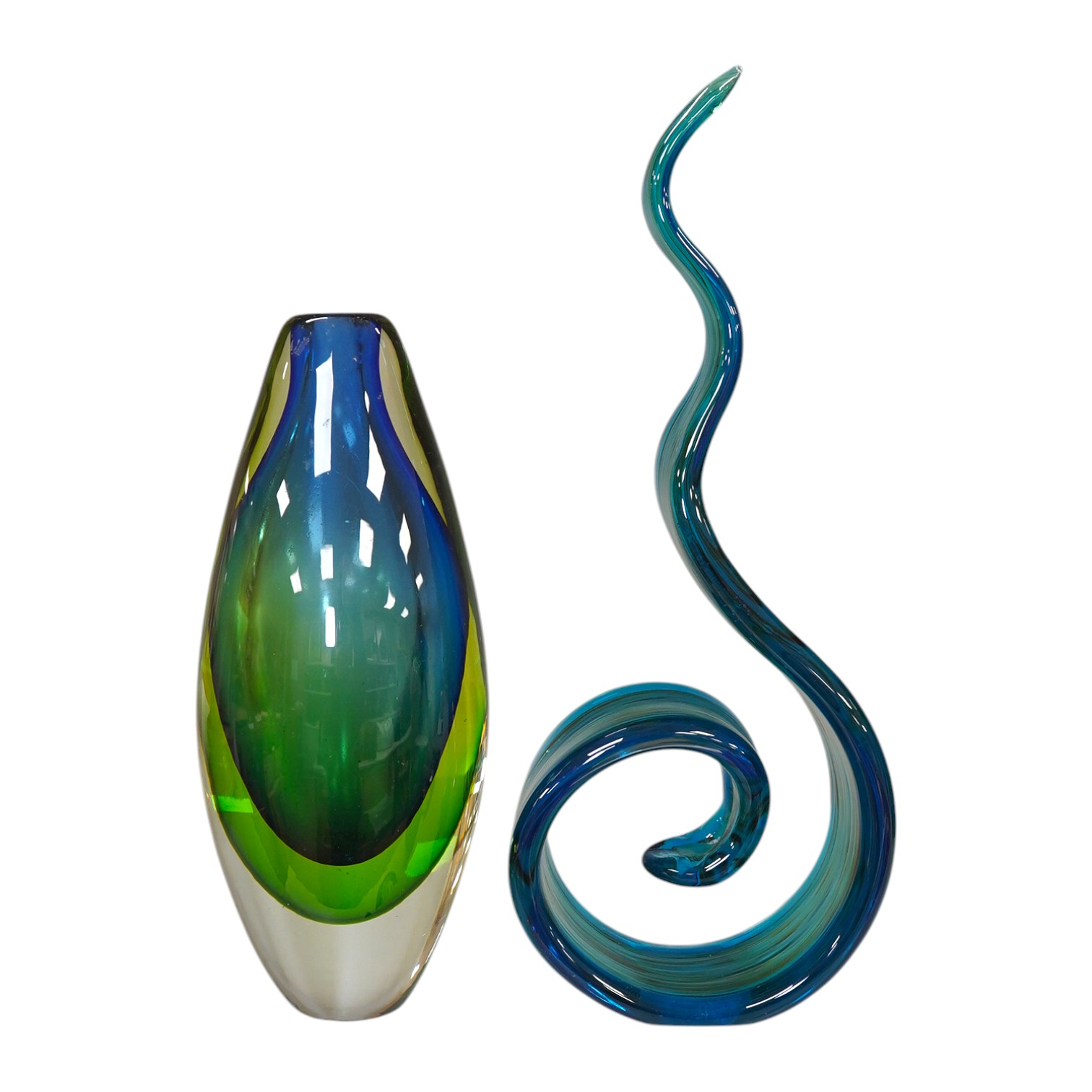 A Murano Sommerso two colour glass vase, 21.5cm high, and a sculptural glass piece, 29cm high. Condition - good.